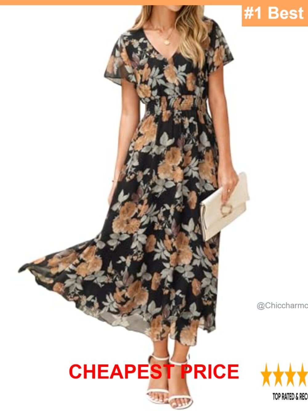 Women's Floral Maxi Dress Short Sleeve V-Neck Smocked Waist Polyester